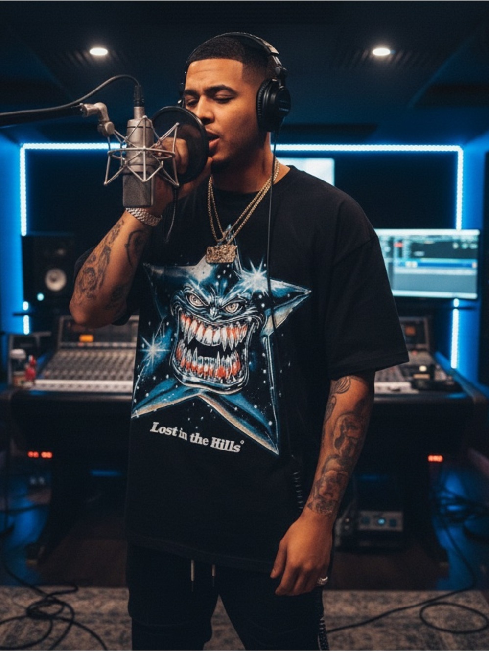 Men's Black Short-Sleeve Graphic Tee with Blue Star Monster Print